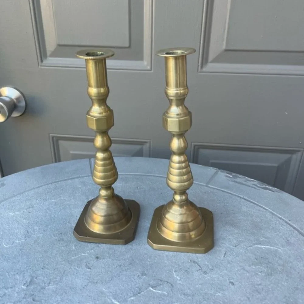 Pair of Antique Beehives Brass Candlesticks